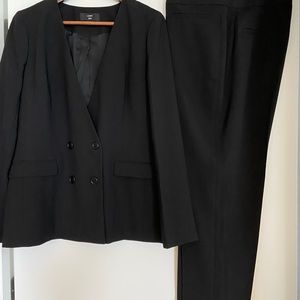 J.Crew black crepe double breasted blazer and flat front pant suit